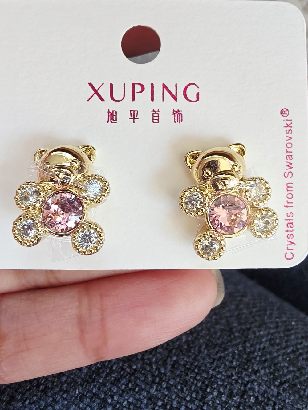 Xuping Gold Teddy Bear Stud Earrings with Pink and Clear Crystals